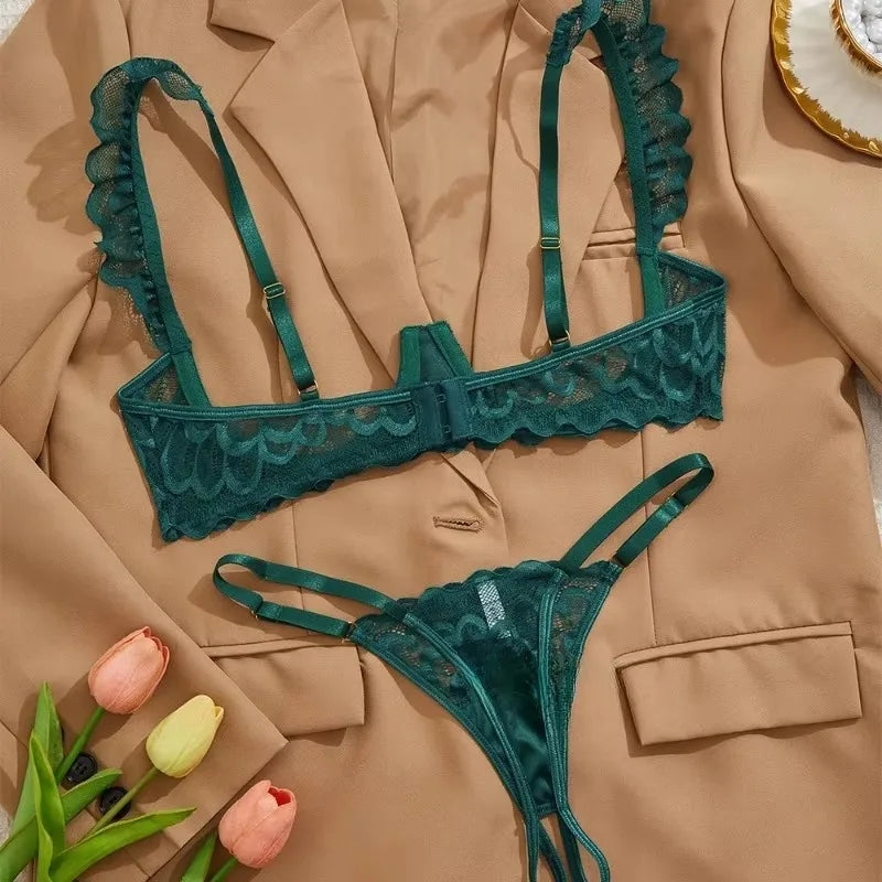 2 Piece Set Sexy Interesting Underwear Set for Women Solid Color Lace Mesh See-through Bra Exotic Sexy Lingerie Set