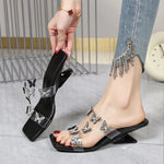 High Heeled Sandals Women Summer New Pearl Butterfly Square Toe Straight Strap Sandals, Fashionable Outerwear Plus Size Slippers