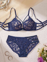 Women Floral Lace Lingerie Set Solid Thin Straps Push Up Sexy Bra Romantic Sheer Intimate Underwear