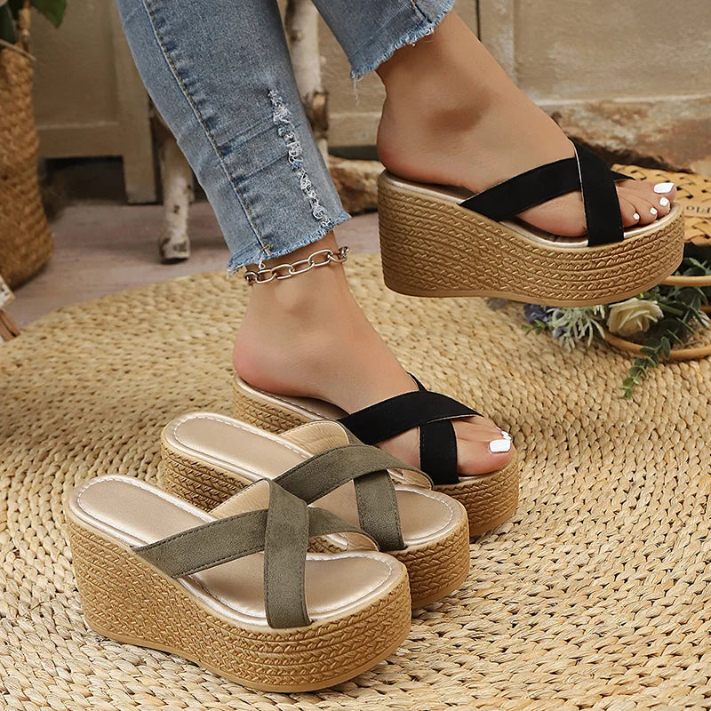 2026 Wedges Slippers Women Summer Plus Size 43 Chunky Platform Sandals Woman Comfortable Cross Strap High Heeled Sandals Female