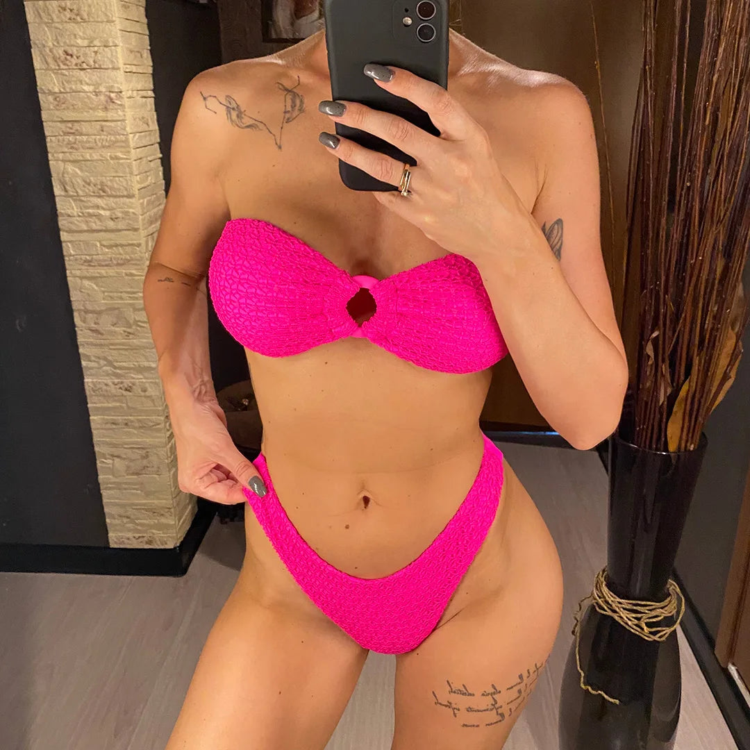 Sexy Wrinkled Bandeau Strapless Bikini Women Swimwear Female Swimsuit Two-Pieces Bikini Set Bather Bathing Suit Swim Lady V3367L