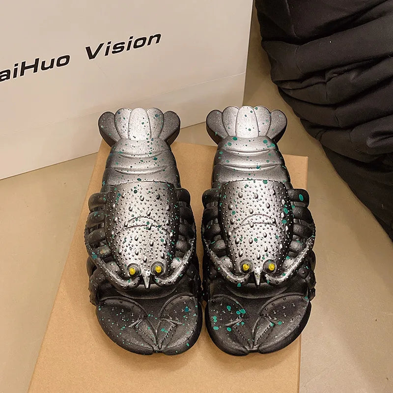 2025 New Metal Color Funny Lobster Slippers For Women Men Summer Shoes Anti-slip Cute Cartoon Couples Indoor Beach Slides