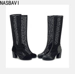 Spring and Autumn New Fashion Square Heel Mesh Hollow Women's Sweet Breathable Knee Long Sandals Boots High 7.5cm Size 33-43