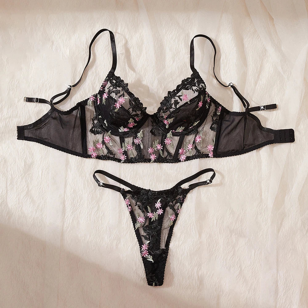 Women Black Mesh Lingerie Set Floral Embroidery Fishbone Bustier Top&Thong 2 Pcs Underwear Sexy Intimate Female Push Up Bra Set