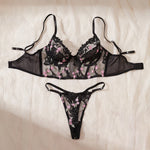 Women Black Mesh Lingerie Set Floral Embroidery Fishbone Bustier Top&Thong 2 Pcs Underwear Sexy Intimate Female Push Up Bra Set