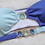 Luxuryt Bandeau Bikini 2025 Woman Sexy Orange Patchwork Cut Out Rhinestone Swimsuit Bathing Suit Thong Swimwear Traje De Baño