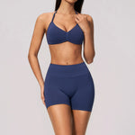 Seamless Yoga Suit Women Exposed Back Pleate Sports Bra High Waist Shorts Fitness Sets Outdoor Running Athletic Wear Tracksuit