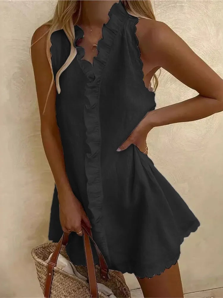 2025 Summer Sexy Casual Mini Dress Women Fashion Elegant Vacation Solid Color Ruffle Sleeveless Vestidos V-neck Loose Dresses