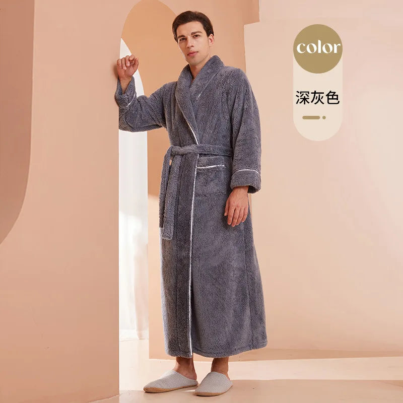 Thick Cozy Fleece Couple Bathrobe, Men Women Long Warm Loungewear, Autumn Winter Flannel Plus Size Robe Pajamas
