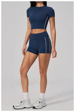 Color Contrast Yoga Suit Women Short Sleeve O Neck Sports T Shirts Tracksuit Outwear High Waist Shorts Gym Running Fitness Suits