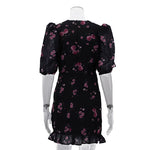 FDYOUI Elegant V-neck Floral Printed Short Dress High Street Women's Puff Sleeve High Waist Tunics Ruched Vacation Party Dresses