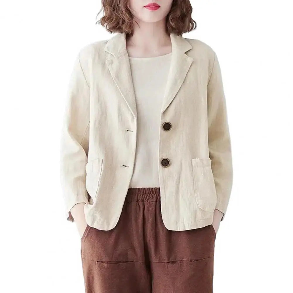 Vintage Long Sleeve Blazer Jacket Cotton Linen Coat for Women Casual Lapel 2 Buttons Thin Coat with Pockets