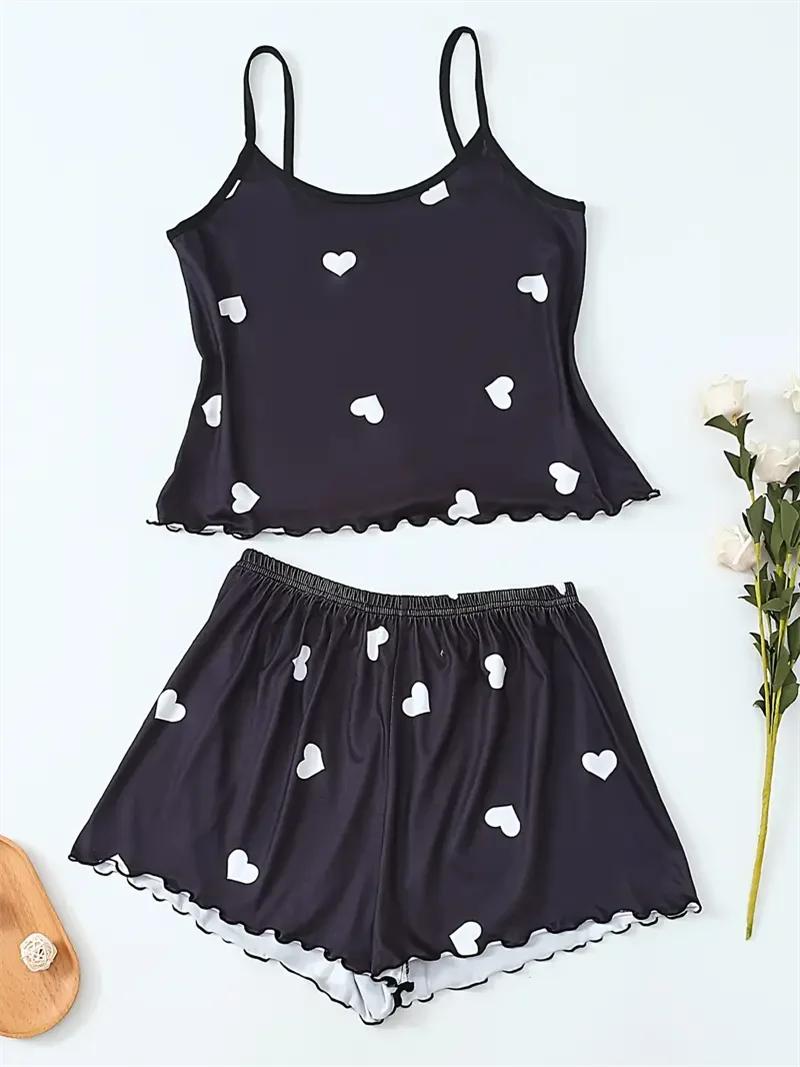Summer Sleepwear Women's Two-Piece Pajama Sets Suspender Heart Printed Top and Shorts Casual Home Clothes Loungewear