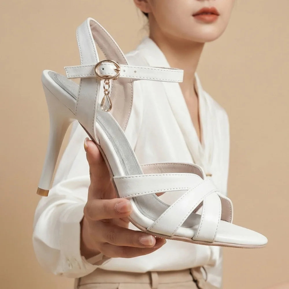 2026 Summer New Women's Metallic High Heel Sandals Ankle Strap Crystal Buckle Stiletto Heels Sexy Party Wedding Prom Dress Shoes