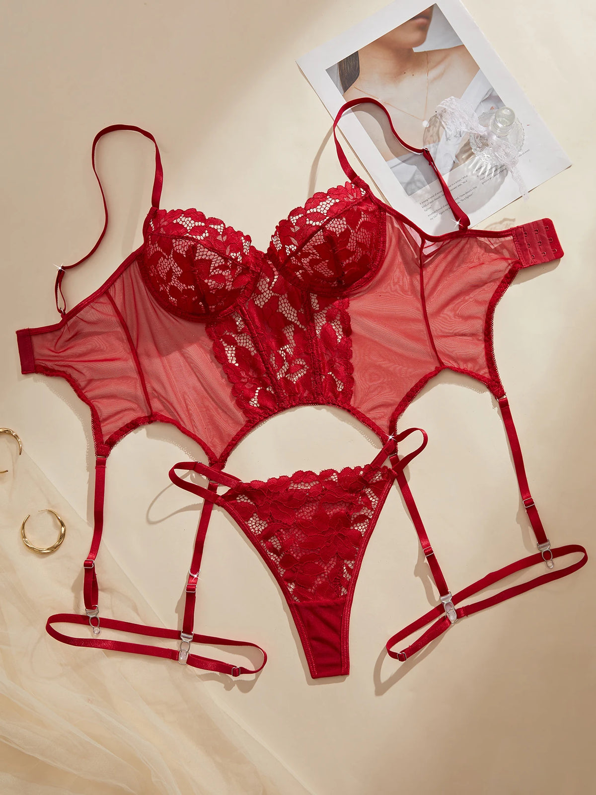 3PC Set Women's Lingerie with Garter Belt Floral Lace Sexy Bra And Panties Push up Triangle Pants Sleepwear Fun Intimate Wear