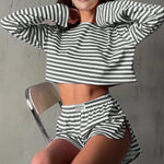 Summer Striped Pajama Sets for Women Sleepwear Long Sleeve Top and Shorts 2 Piece Set Casual Home Wear Loungewear