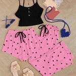 3 Pcs/Set Women Pajamas Suit Sleeveless Backless Heart Printing Elastic Waist Shorts And Pants Slip Top Summer Sleepwear