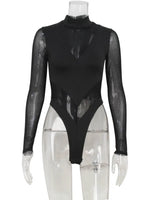 Ahagaga Sexy Mesh Women's Bodysuits See Through Skinny Turtleneck Solid Regular Long Sleeves Slim Fit Streetwear Rompers T Shirt