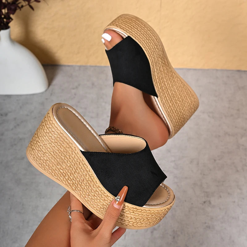 Summer 9Cm Chunky Heeled Slippers Women Plus Size 43 Peep Toe Platform Wedges Sandals Woman Casual High Heel Sandles Female