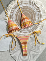 Sexy Coffee Striped Micro Bikini Set 2026 Women Halter Push Up Bra Bandage Thong Swimsuit Summer Bathing Suit Holiday Swimwear