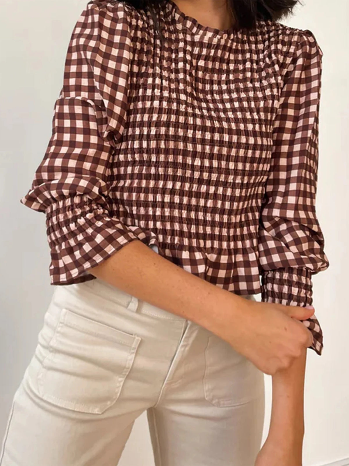 Women Fashionable Casual Round Neck Smocked Bubble 3/4 Sleeve Tops Summer Fall Plaid Print Ruffled T-shirts