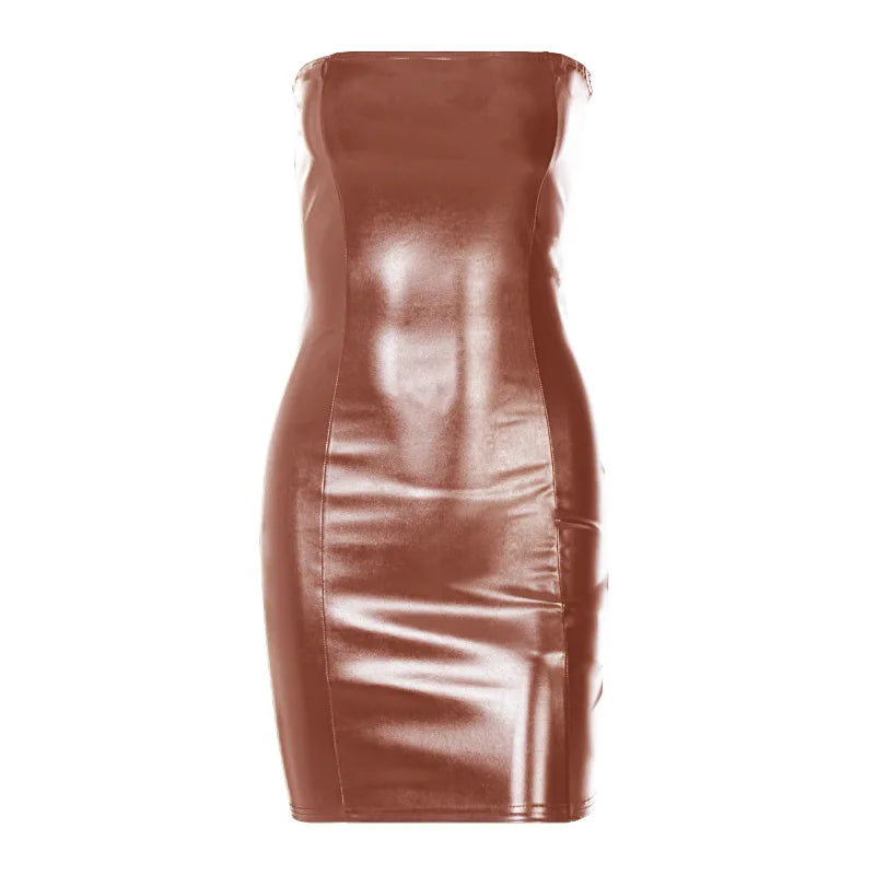 Women's Summer Sexy Tube Top Leather Dress Party Strapless Bodycon Pu Leather Slim Package Hip Mini Dress Trendy Streetwear 2024