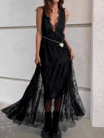 Sexy Deep V-neck Sleeveless Lace Dress Streetwear Women 2026 Backless Tunics A-line Party Dresses Long Maxi Robe Black White