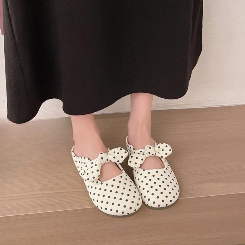 Spring/Summer Women Soft Sole Flats Sandals polka dot Round Toe Elegant Butterfly-knot Shoes