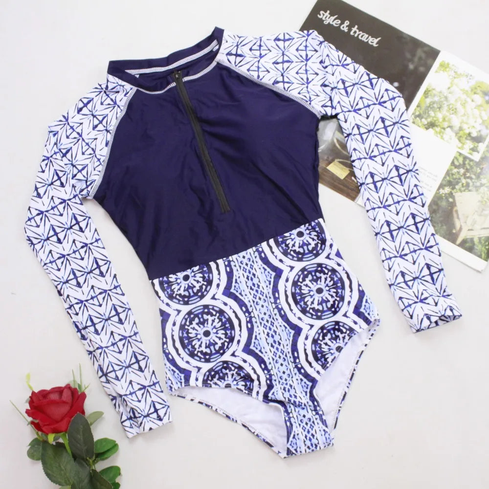 Retro Vintage Women's One Piece Swimsuit Long Sleeve Bathing Suit Surfing Swimwear Classic Vintage Style One-Piece Swim Suits