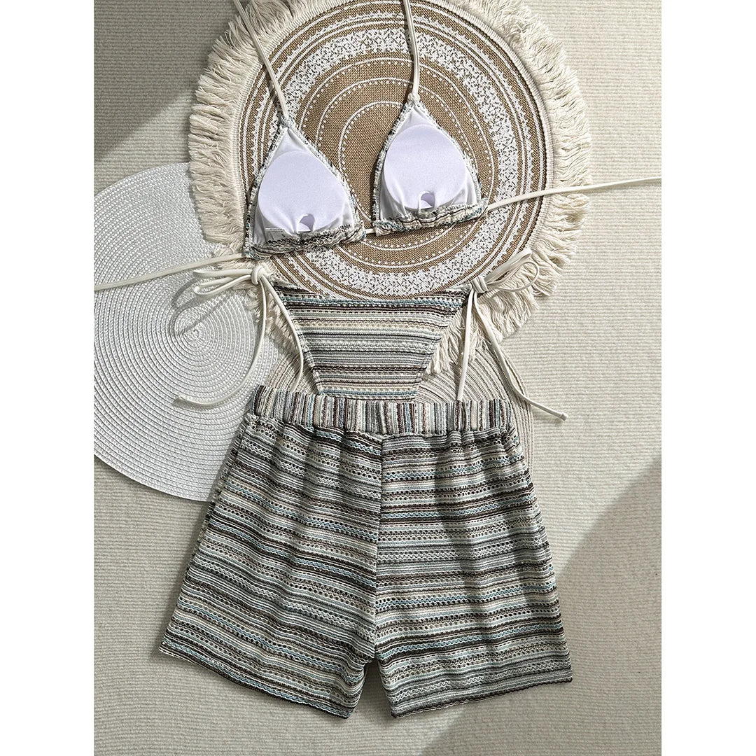 New Sexy Striped Halter Bikini Women Swimwear Three-pieces Bikini set With Shorts Female Swimsuit Bathing Suit Bather Swim V6326