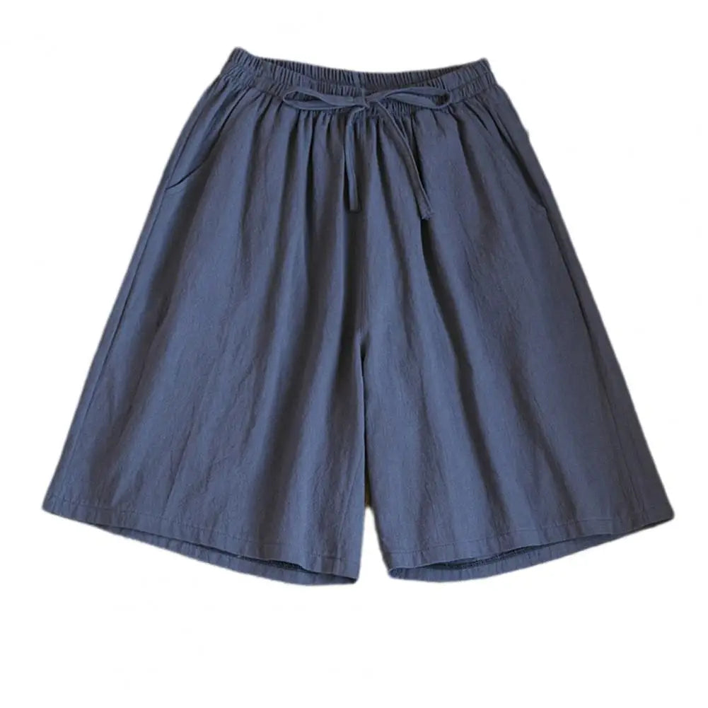 Wide Leg Loose Short Pants Women Summer Casual Shorts Elastic Waist Drawstring Pockets Shorts Solid Color Streetwear