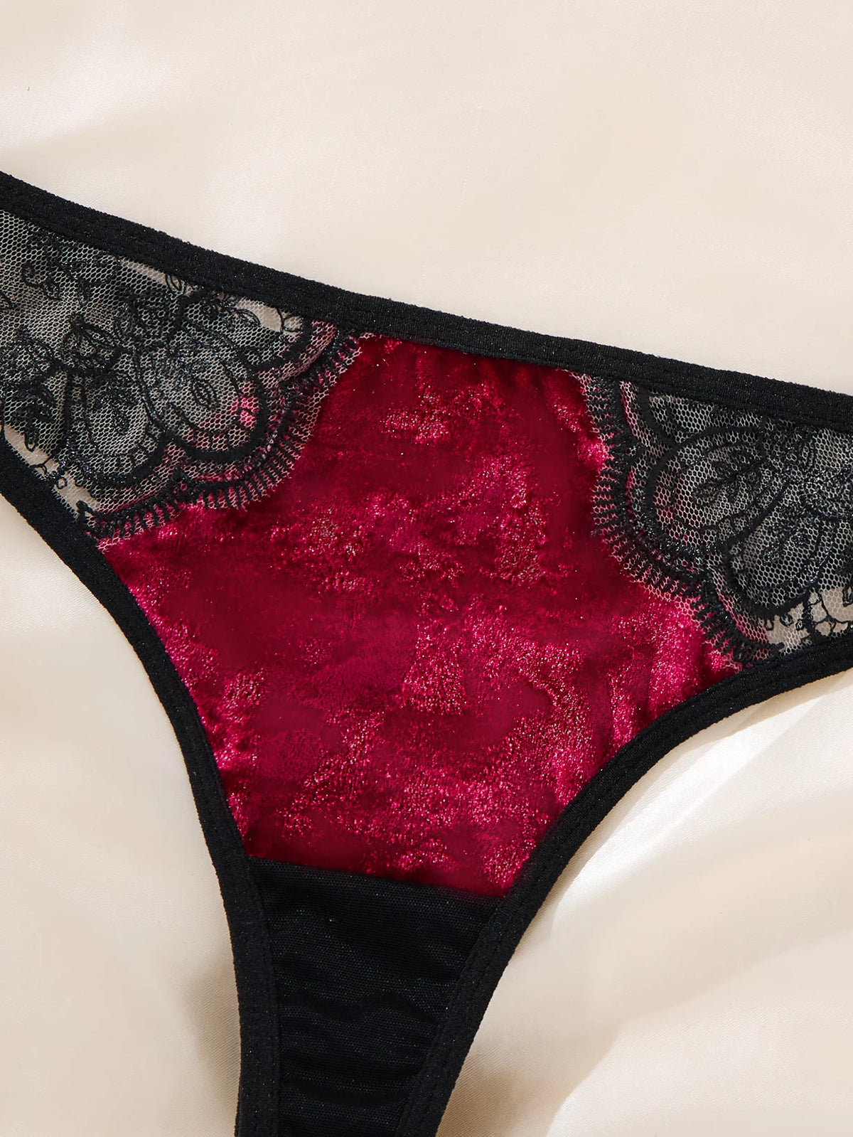 Limited edition retro Hong Kong style red and black velvet lingerie set - see-through lace trimmed bra+thong underwear ZA825166