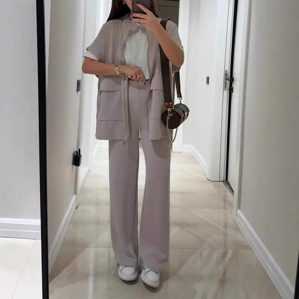 Women's Two Piece Outfit Casual Full Zip-up Short Sleeve Shirt And Wide Leg Pants Set Office Casual Lounge Tracksuit