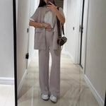 Women's Two Piece Outfit Casual Full Zip-up Short Sleeve Shirt And Wide Leg Pants Set Office Casual Lounge Tracksuit