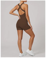 Cross Exposed Back Shaping Nude Yoga Jumpsuit Women Summer Sleeveless Pleate Slim Hip Lifting Short Sport Fitness One Piece Suit