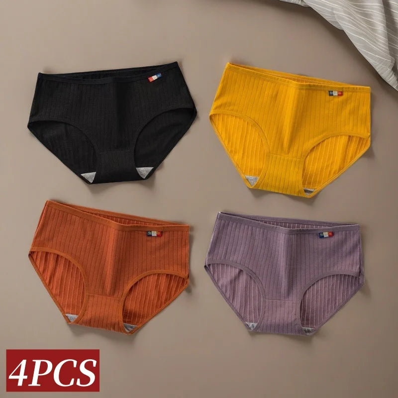 4Pcs/Set Women's Mid-Rise Cotton Panties Breathable Soft Ribbed Underwear Solid Lingerie Stretchy Comfort Daily Briefs M-XL