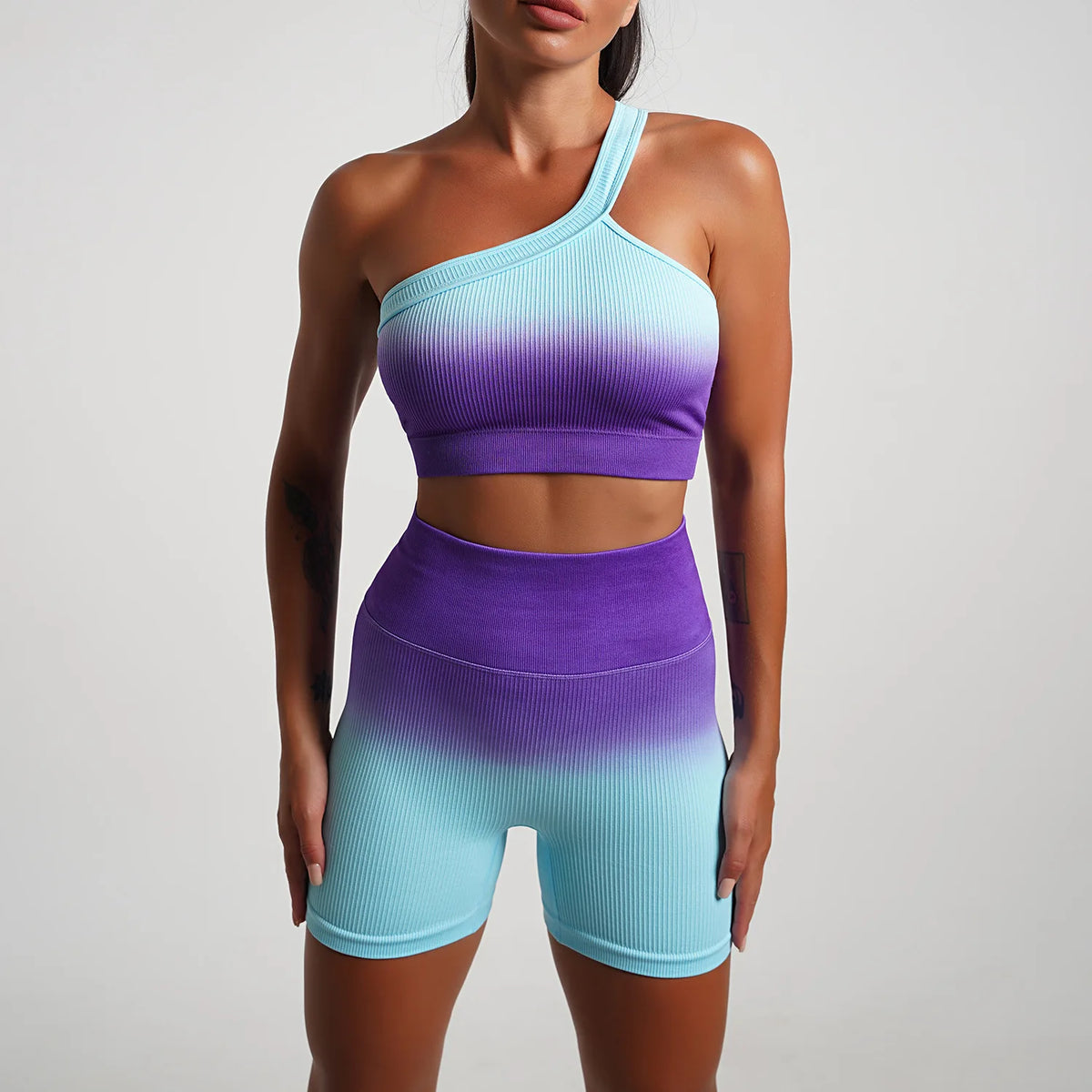 Seamless Tight Yoga Sets Sports Fitness Gradient Single Shoulder Bra High Waist Hip Lifting Pants Suits Wokout Gym Running Sets