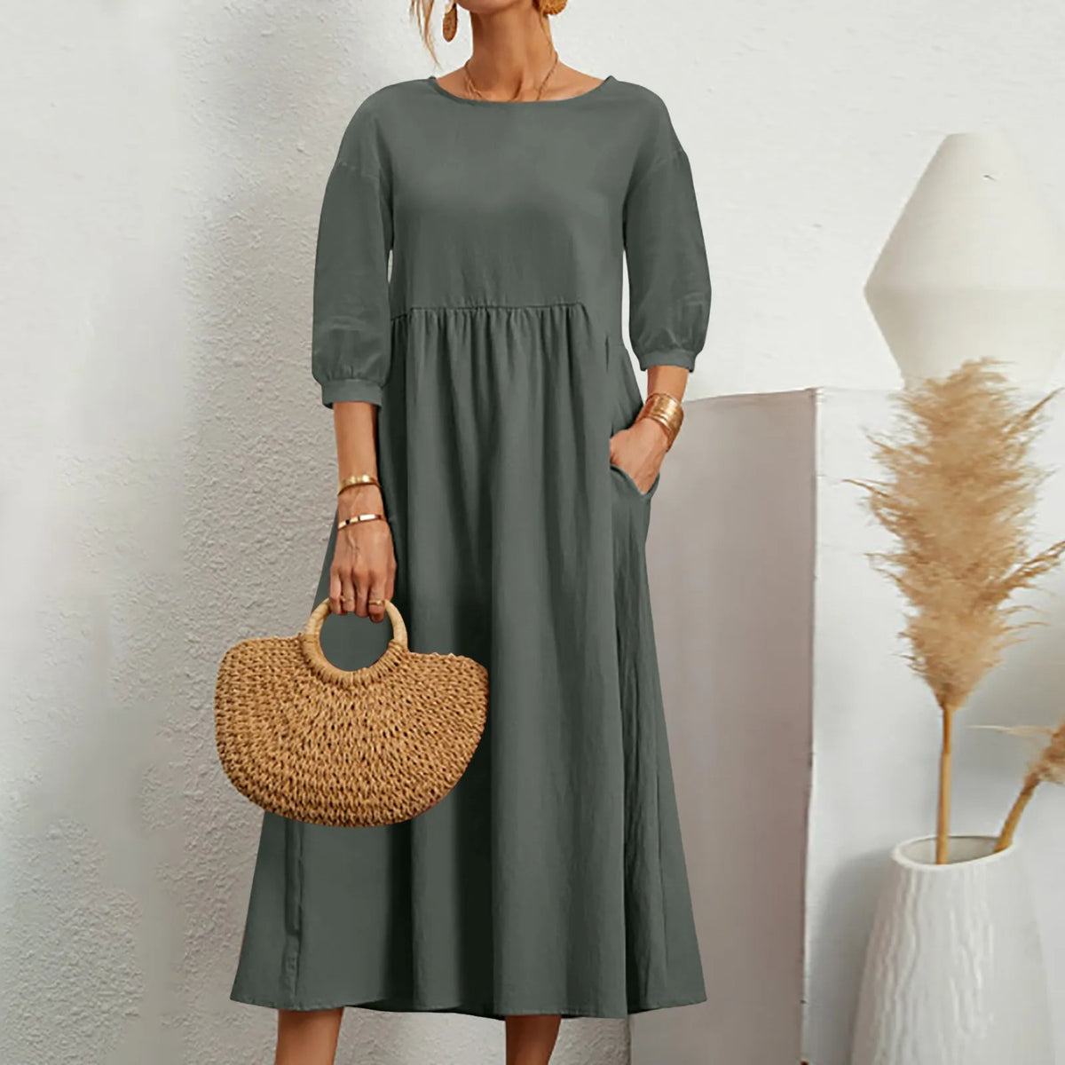 Womens Casual Summer Cotton Dress With Pockets 3/4 Sleeve Loose Midi Shirt Dress Women Dresses With Short Sleeves Vestidos