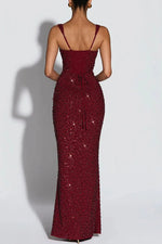 Women's Sequin Maxi Dress Burgundy Square Neck Sleeveless Bodycon Evening Gown Formal Party Prom Cocktail Mermaid Long Dresses