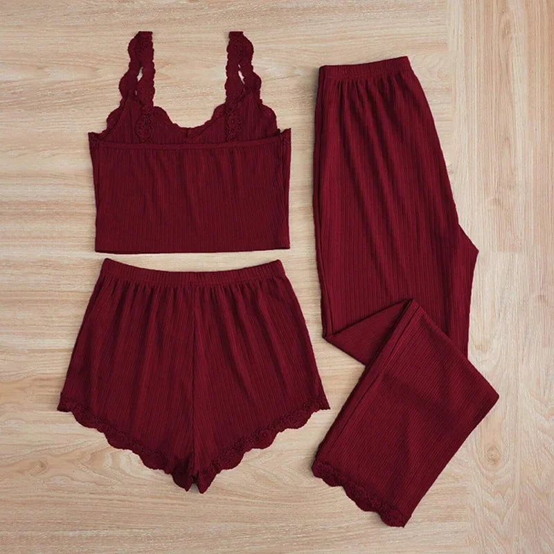 Comfortable 3-Piece Women's Pajamas Set with Lace Splicing