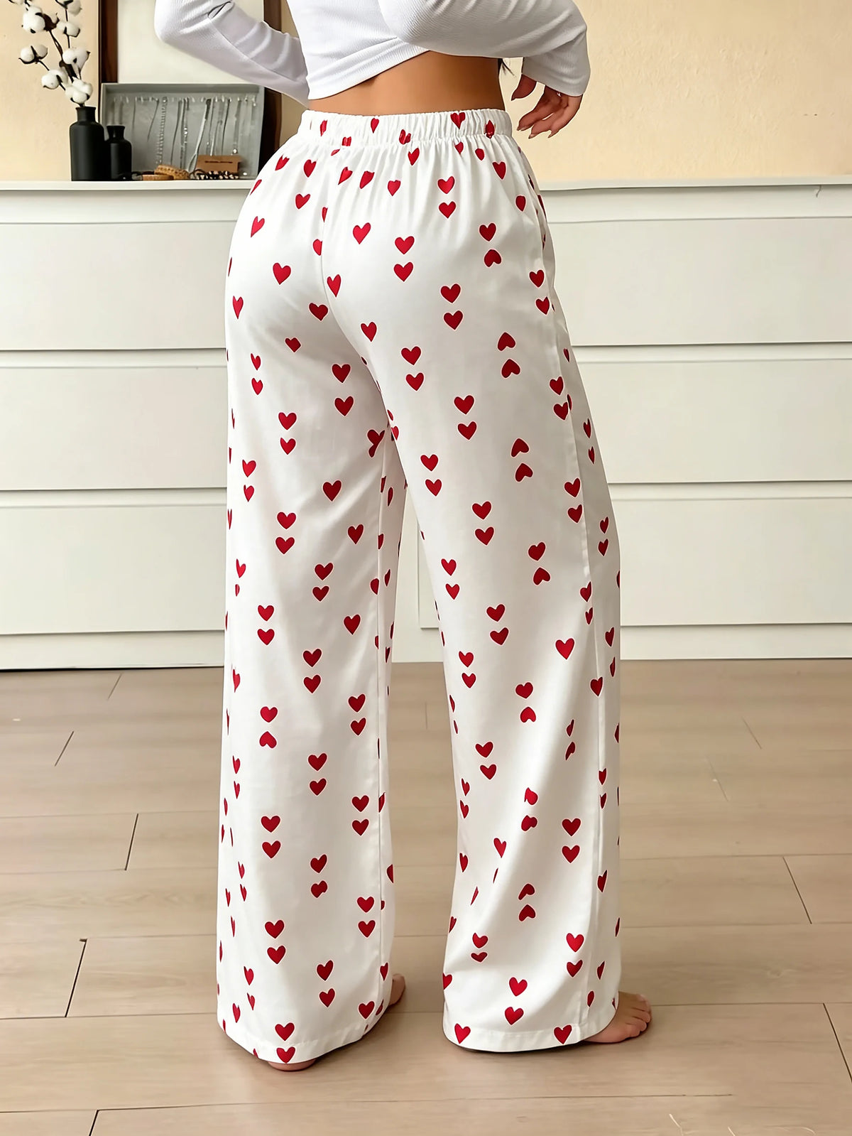 New Summer Women Satin Pajama Pants Cute Heart Pattern Elastic Waist Loose Long Sleepwear Trousers Comfortable Home Lounge Pants