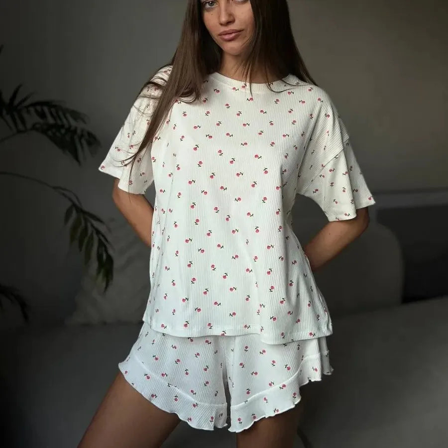 New Women's Pajamas Fashion Shorts Short Sleeve Threaded Printed Pajamas Sweet Comfortable Breathable Loose Home Clothes Set