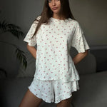 New Women's Pajamas Fashion Shorts Short Sleeve Threaded Printed Pajamas Sweet Comfortable Breathable Loose Home Clothes Set