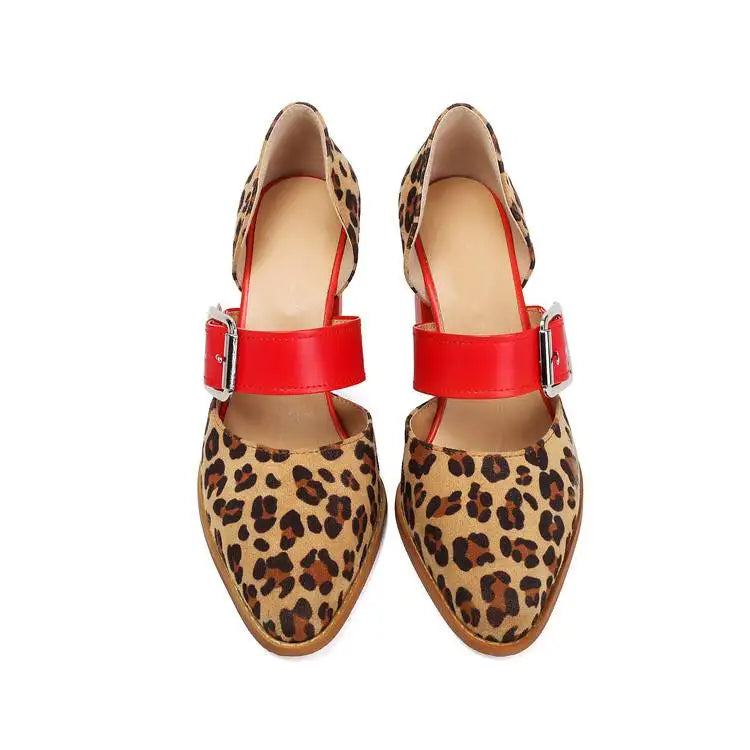SpringAutumn New Model Fashion High Heels Nude Shoes Color Blocking Pointed Tip Buckle Leopard Print Sexy Party Women's Shoes