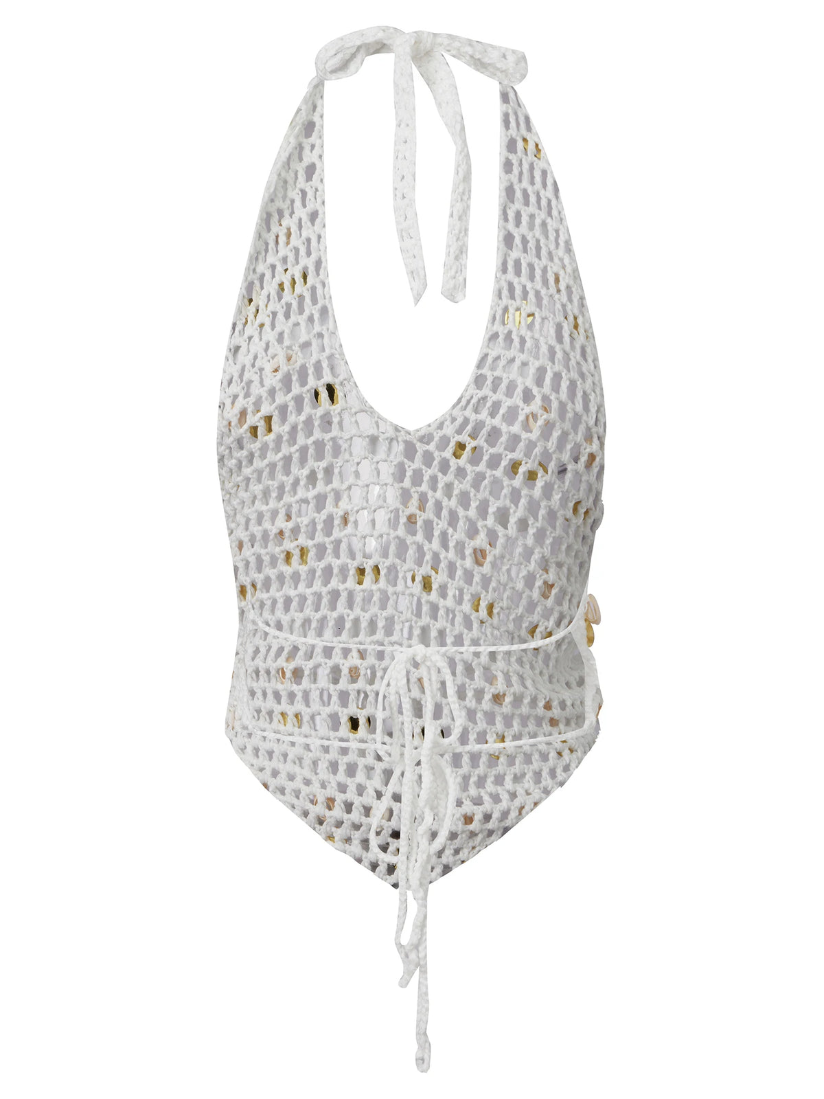 Women Halter Neck Sleeveless Crochet Hollow Out Sequin Seashell Decor Crop Vest Summer Tank Tops for Vacation Beach
