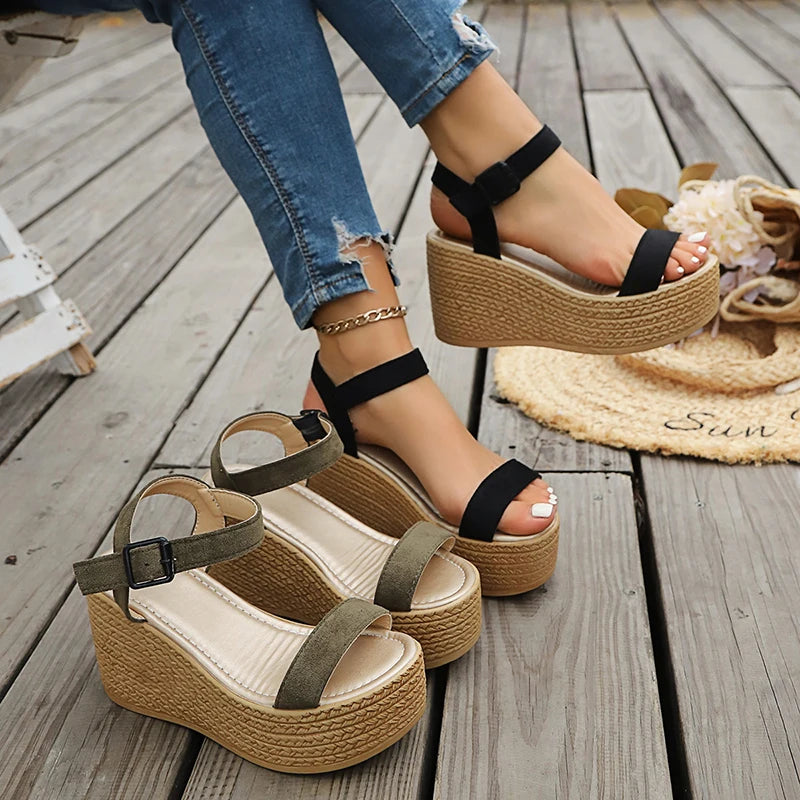 2026 Summer Chunky Platform Sandals Women Plus Size 43 Wedge High Heeled Sandals Woman Ankle Strap Thick Bottom Sandalias Mujer