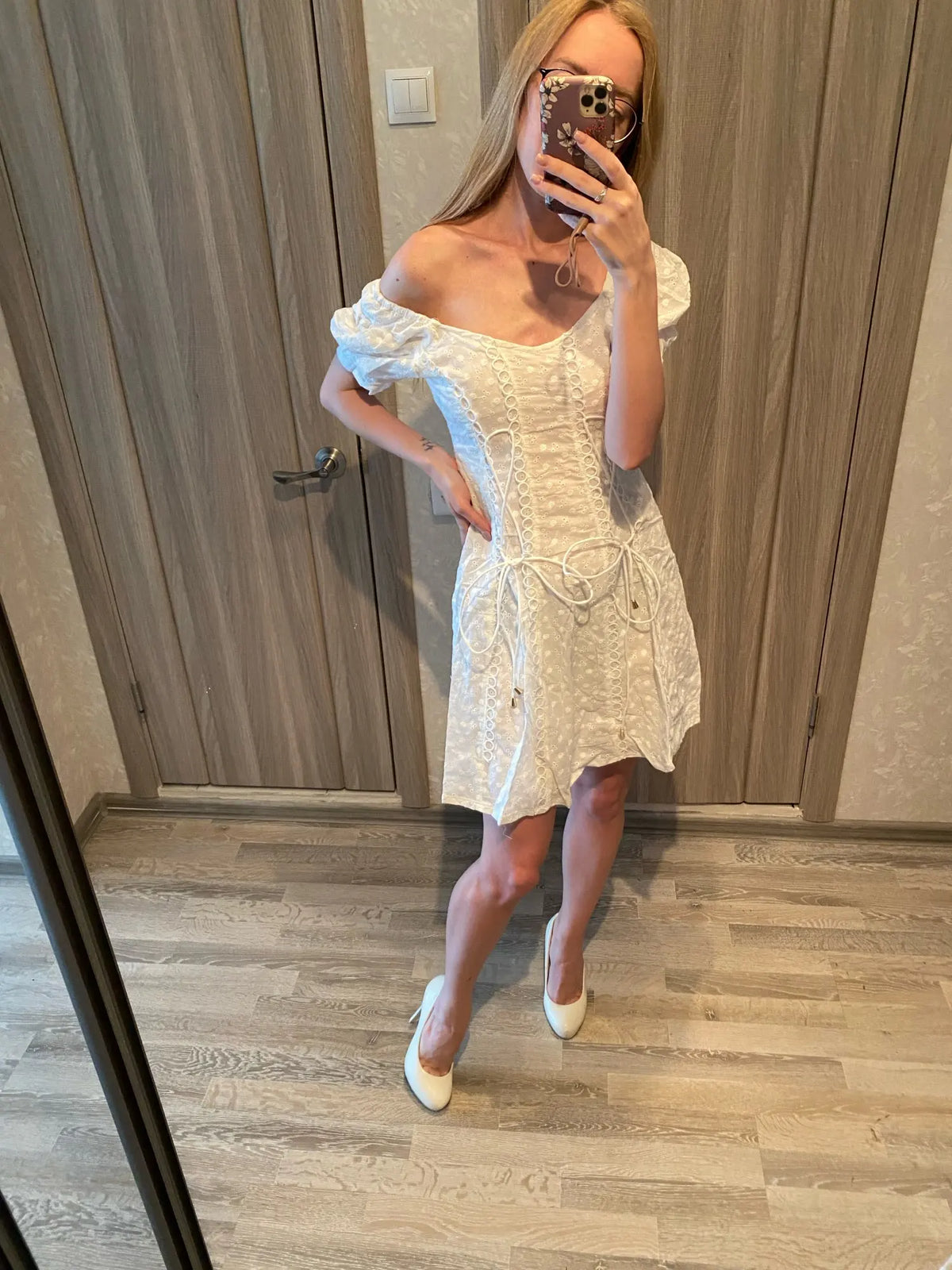White lace embriodery summer beach dress women elegant hollow out lace up short dress off shoulder puff sleeve sheer dress 2025