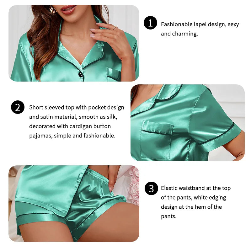 Summer Women's Pajama Set Satin Short Sleeve Lapel Tops with Shorts Sleepwear 2 Piece Loungewear Nightwear Home Clothes