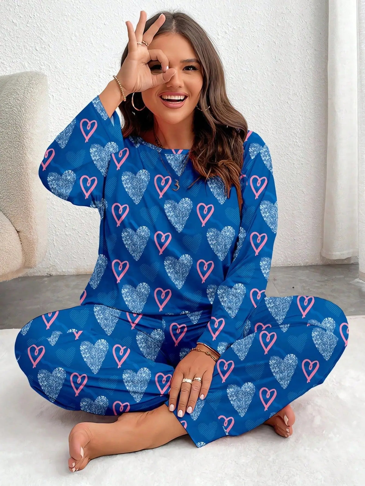 Plus Size Sleepwear Women Pajama Set Autumn Winter Pink Heart Print Long Sleeve Tops and Trousers 3XL 4XL 5XL Loungewear