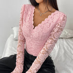 Sexy White Lace Bodysuit Women Solid Color Long Sleeve Sheer Corset Top Autumn Ruffles V Neck See Thourgh Slim Fit Jumpsuit